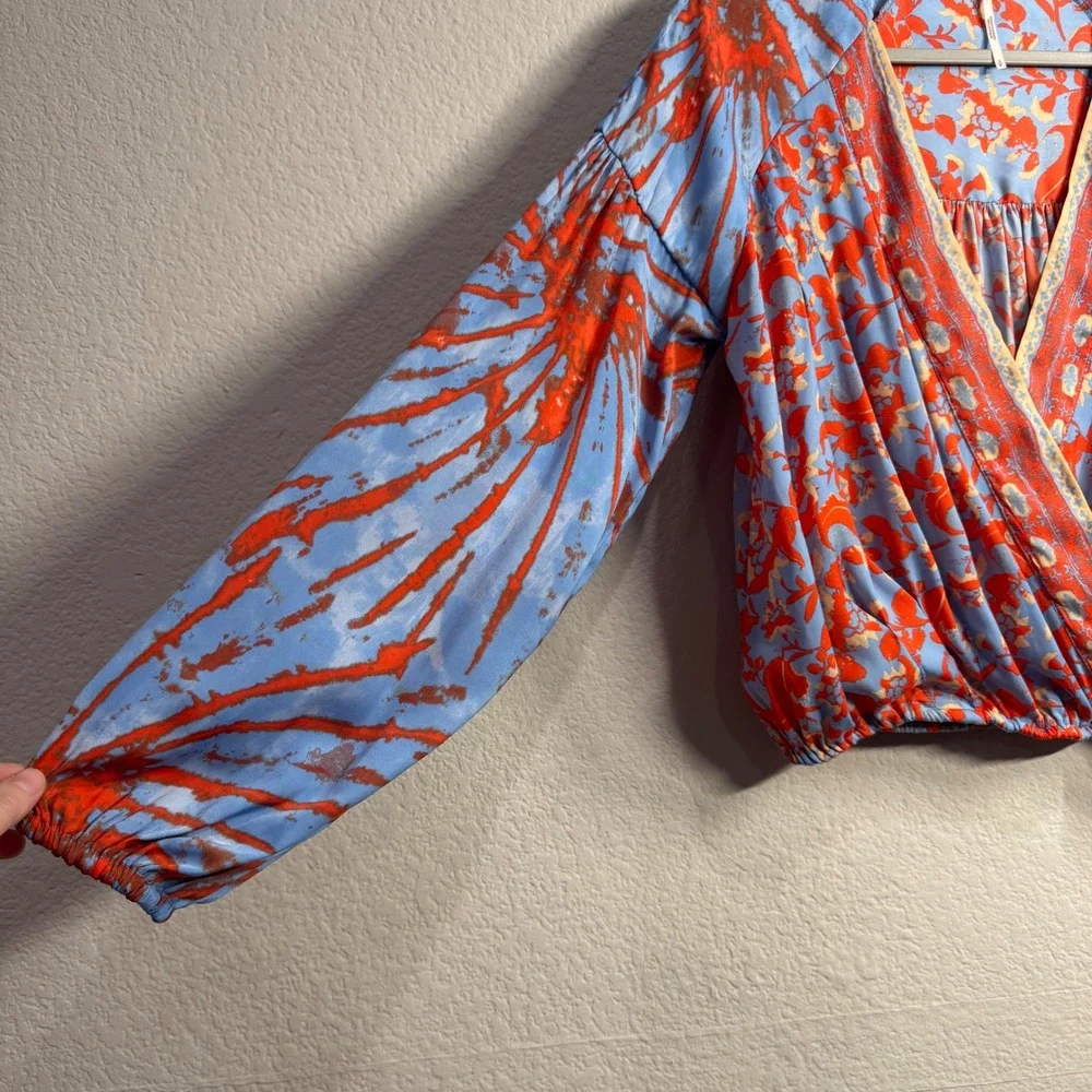 Free People Long Sleeve Printed Top V-Neck Blue Orange Small Boho Lightweight